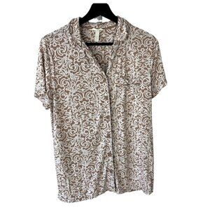 Soma Tan White Print Short Sleeve Button Up Pajama Top Medium